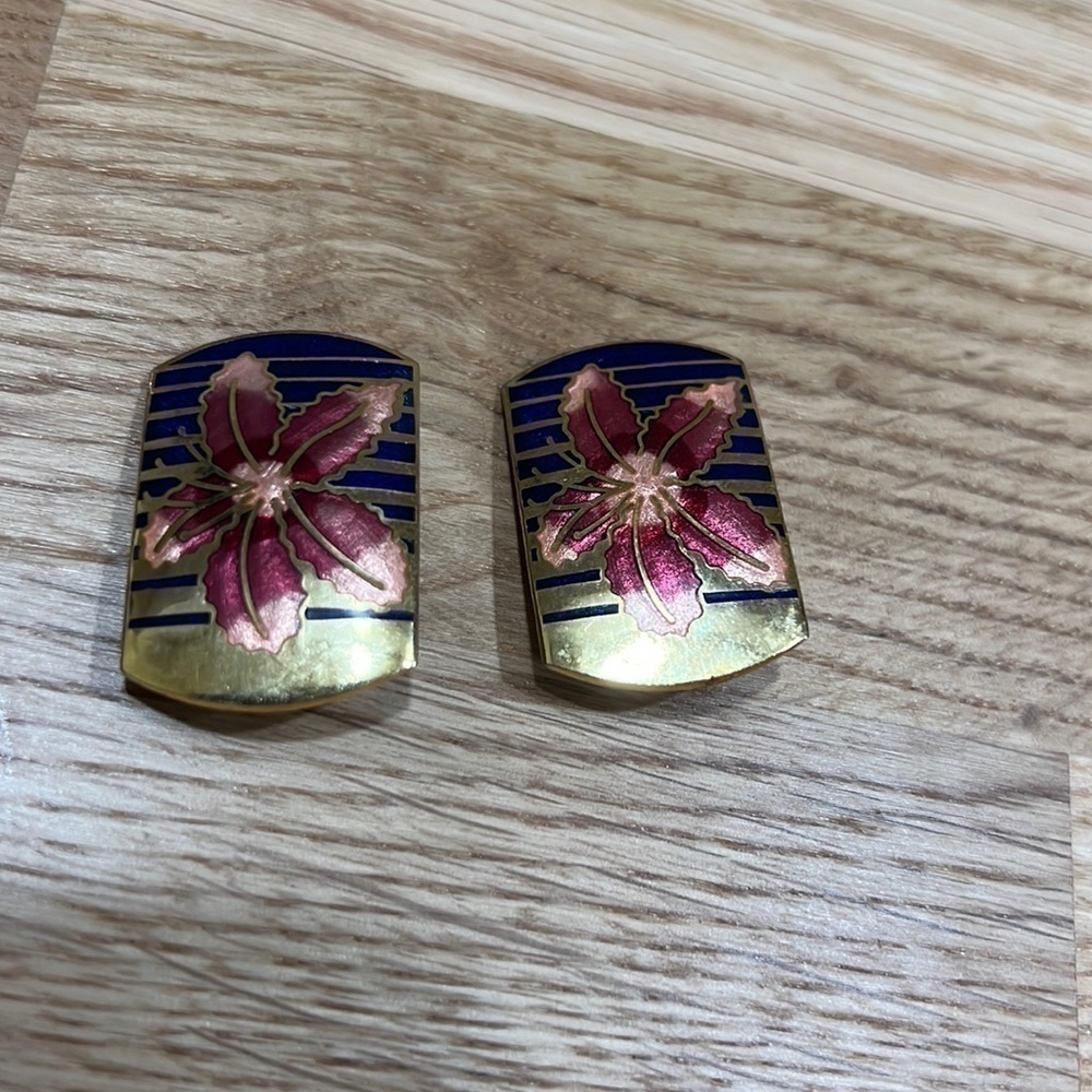 𝅺vintage Gold and Blue Pink Orchid Clip On Earrings